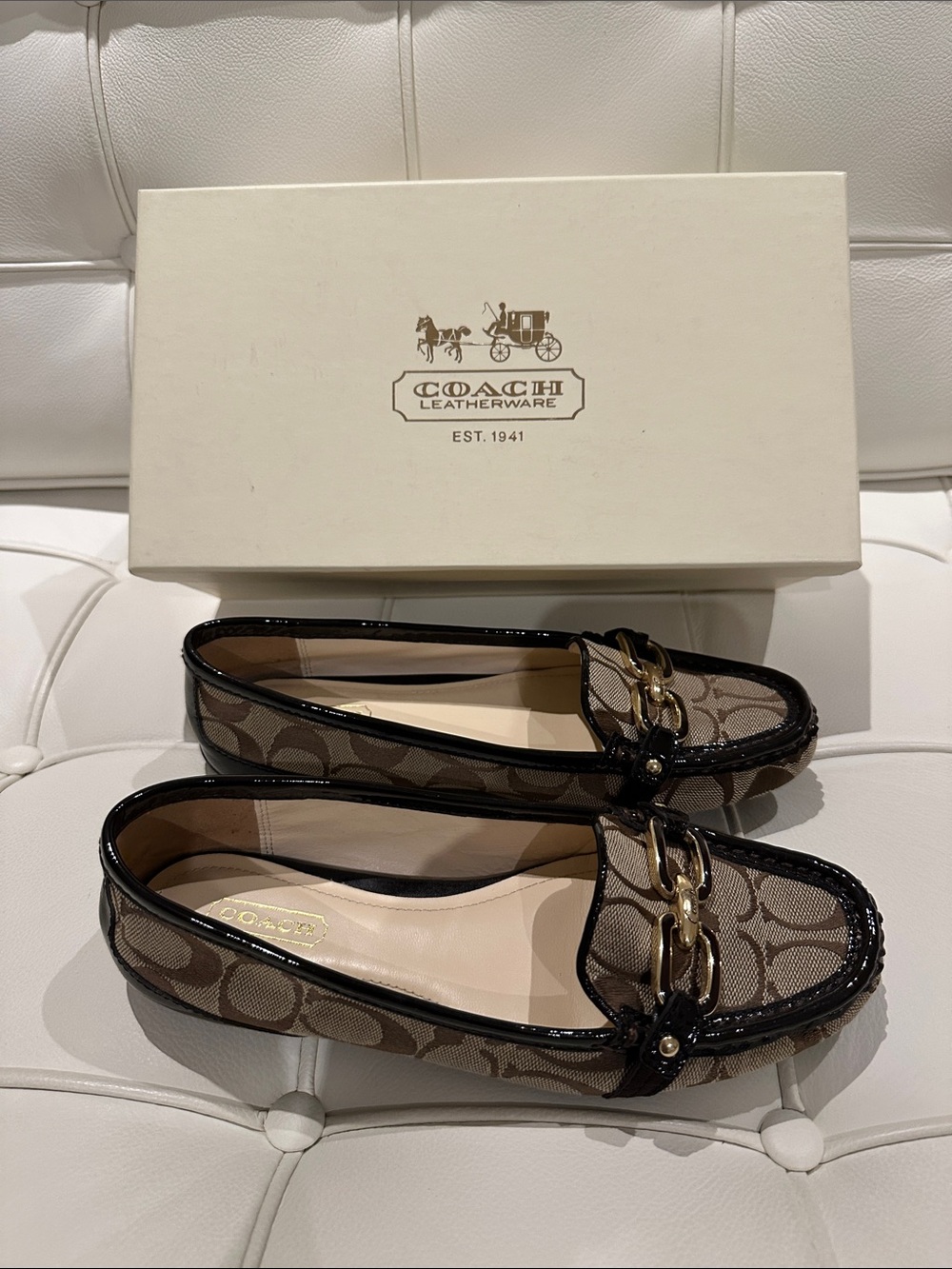 Coach Brown Signature Canvas Loafers with Black Patent Trim and Gold Chain - Picture 7 of 7